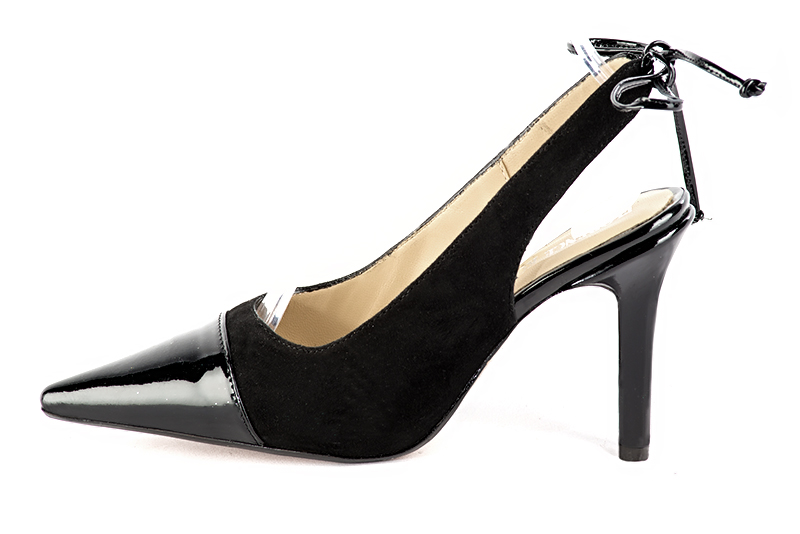 Gloss black women's slingback shoes. Pointed toe. High slim heel. Profile view - Florence KOOIJMAN